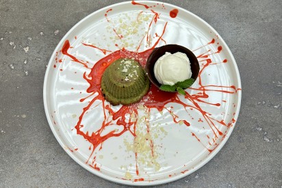 Matcha cake with almond and vanilla ice cream