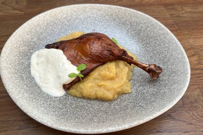 Teriyaki duck leg with apple puree and almond sauce