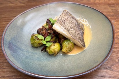 Halibut with Brussels Sprouts, Bacon and Creamy Orange Sauce